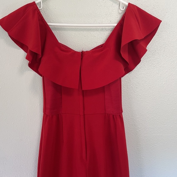 H&M red off the shoulder, ankle length jumpsuit with ruffle neckline. Size xs - Picture 5 of 10